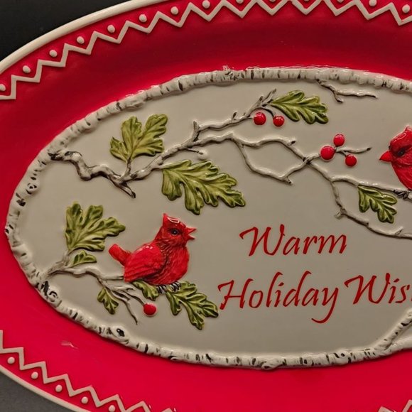 Fitz & Floyd Winterberry " Warm Holiday Wishes " 13" Oval Serving Tray Platter - Picture 4 of 7